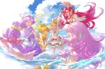  5girls :d ;) arm_up beret blonde_hair blue_eyes blue_sky clouds commentary_request cure_coral cure_flamingo cure_papaya cure_summer day hat hoshi_(xingspresent) ichinose_minori laura_la_mer long_hair looking_at_viewer magical_girl mermaid midriff monster_girl multicolored_hair multiple_girls natsuumi_manatsu one_eye_closed open_mouth partially_submerged pink_hair precure purple_hair red_eyes redhead skirt sky smile suzumura_sango takizawa_asuka tropical-rouge!_precure water white_headwear white_skirt yellow_eyes 