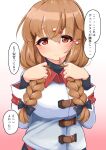  1girl alternate_hairstyle blush braid brown_eyes brown_hair closed_mouth eyebrows_visible_through_hair gradient gradient_background hair_between_eyes hair_ornament hairclip highres jacket kantai_collection komb long_hair long_sleeves solo speech_bubble tashkent_(kancolle) translation_request twin_braids upper_body white_jacket 