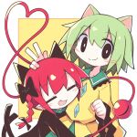  2girls animal_ears asameshi bangs black_bow black_dress black_eyes blush_stickers bow braid bright_pupils cat_ears cat_tail closed_eyes commentary dress extra_ears green_hair green_skirt hair_bow hand_on_another&#039;s_head heart heart_of_string highres hug kaenbyou_rin kemonomimi_mode komeiji_koishi long_hair long_sleeves looking_at_viewer multiple_girls multiple_tails no_hat no_headwear open_mouth pointy_ears redhead shirt short_hair skirt smile tail third_eye touhou twin_braids two_tails upper_body v white_pupils wide_sleeves yellow_background yellow_shirt 