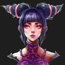  1girl absurdres bangs black_hair double_bun hair_bun han_juri highres lips lipstick looking_at_viewer makeup pink_lips portrait solo_focus street_fighter violet_eyes xiaozhizhu 