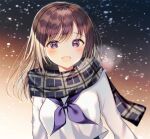  1girl :d blush breasts brown_hair eyebrows_visible_through_hair gradient long_hair looking_at_viewer medium_breasts neckerchief open_mouth original outdoors plaid plaid_scarf purple_neckwear scarf shiori_(shiori_2_14) shirt smile snowing solo uniform upper_body violet_eyes white_shirt 