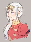  1girl blush closed_mouth collared_dress commentary_request dress edelgard_von_hresvelg fire_emblem fire_emblem:_three_houses grey_background hair_ornament hair_over_shoulder jewelry long_hair long_sleeves looking_away puffy_long_sleeves puffy_sleeves red_dress riromomo sidelocks signature simple_background smile solo upper_body violet_eyes white_hair 
