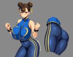  1girl ass bare_shoulders breasts brown_eyes brown_hair chun-li clenched_hands covered_navel double_bun fortnite grey_background hair_between_eyes hair_ribbon highres large_breasts light_blush light_smile looking_at_viewer multiple_views ribbon short_hair simple_background skin_tight sole_gem spiked_gauntlets street_fighter street_fighter_zero_(series) twitter_username 