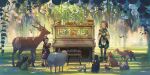  2boys 2girls animal antlers bird child dappled_sunlight deer flower fox highres holding instrument leaf long_sleeves multiple_boys multiple_girls original outdoors owl penguin piano rabbit sheep standing sunlight totsu_(nikki00) white_flower wide_shot 