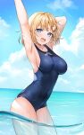 1girl :d arm_behind_head arm_up armpits ayamy bangs blonde_hair blue_eyes blue_sky breasts clouds collarbone day eyebrows_visible_through_hair hair_ornament highres hololive hololive_english looking_at_viewer medium_breasts monocle_hair_ornament ocean one-piece_swimsuit open_mouth partially_submerged short_hair sky smile solo swimsuit teeth thighs upper_teeth virtual_youtuber water watson_amelia 