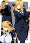  1girl alternate_breast_size alternate_costume black_pants black_suit blonde_hair blue_neckwear blush breasts buttons collared_shirt cynthia_(pokemon) eyebrows_visible_through_hair feet_out_of_frame formal hair_ornament hair_over_one_eye half-closed_eyes highres huge_breasts impossible_clothes long_hair looking_at_viewer looking_back multiple_views necktie one_eye_closed pants parted_lips pokemon pokemon_(game) pokemon_dppt shimure_(460) shirt standing suit tsurime very_long_hair watch watch white_shirt 