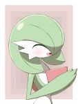  absurdres blush closed_eyes colored_skin commentary_request gardevoir gen_3_pokemon hands_together highres multicolored multicolored_background open_mouth pokemon pokemon_(creature) shabana_may smile solo spikes tongue upper_body white_skin 