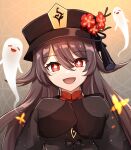  1girl :d brown_hair bug butterfly closed_eyes face fang flower genshin_impact ghost hair_between_eyes hat hu_tao insect long_sleeves low_twintails open_clothes open_mouth red_eyes sleeves_past_wrists smile solo surume112223 twintails 