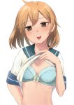  1girl blue_bra blue_sailor_collar bra brown_eyes brown_hair commentary_request highres kantai_collection looking_at_viewer oboro_(kancolle) sailor_collar sakieko school_uniform serafuku shirt_lift short_hair simple_background solo tongue tongue_out underwear upper_body white_background 