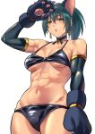  1girl abs absurdres alternate_costume animal_ears bare_shoulders bell beniazumaru biceps bikini black_bikini black_bra blue_eyes blue_hair bra breasts cat_ears cat_girl cat_paws earrings elbow_gloves gloves highres jewelry jingle_bell leona_heidern looking_at_viewer muscular muscular_female paws ponytail salute shocker simple_background snk_heroines:_tag_team_frenzy solo swimsuit the_king_of_fighters triangle_earrings underwear white_background 