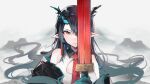  1girl absurdres arknights black_hair blush dusk_(arknights) earrings highres holding holding_weapon horns hoshino_yuu_sama jewelry long_hair looking_at_viewer necktie pointy_ears red_eyes solo sword weapon 