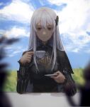  1girl absurdres bangs black_capelet black_dress blue_sky blurry blurry_foreground capelet closed_mouth clouds cup dress echidna_(re:zero) eyebrows_visible_through_hair hair_between_eyes hair_ornament highres holding holding_cup long_hair long_sleeves looking_at_viewer re:zero_kara_hajimeru_isekai_seikatsu red_eyes signature silver_hair sitting sky smile solo table teacup upper_body very_long_hair zieru 