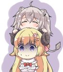  2girls :3 ahoge animal_ear_fluff animal_ears bangs biting blonde_hair bow breasts claws closed_eyes closed_mouth commentary_request detached_sleeves dress eyebrows_visible_through_hair facing_viewer fang grey_hair hair_between_eyes hair_ornament hairclip head_biting highres hololive large_breasts lion_ears lion_girl lion_tail long_hair multiple_girls purple_background red_bow rutorifuki shishiro_botan smile tail tsunomaki_watame turn_pale two-tone_background two_side_up upper_body very_long_hair violet_eyes virtual_youtuber white_background white_dress white_sleeves 