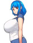  1girl blue_hair blue_sleeves breasts erkaz expressionless eyebrows eyebrows_visible_through_hair flat_color from_side highres huge_breasts lips looking_at_viewer medium_hair original pants red_eyes rina_atherina shirt sideboob two-tone_shirt white_background white_shirt 