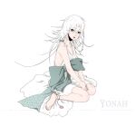  1girl barefoot breasts dress highres long_hair looking_at_viewer miyako_(anicon) nier nier_(series) open_mouth simple_background sitting solo transparent_background white_dress white_hair yonah 