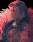  1boy black_background blue_hair bodypaint close-up closed_mouth cu_chulainn_(fate)_(all) cu_chulainn_alter_(fate/grand_order) dark_blue_hair dark_persona earrings facepaint fate/grand_order fate_(series) fur highres hood hood_up jewelry long_hair looking_to_the_side male_focus ponytail red_eyes simple_background solo tkc_(tkoshinchan) 