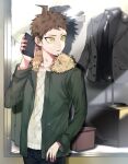  1boy ahoge alternate_costume bad_hand bangs black_pants blurry brown_eyes brown_hair cellphone commentary_request cowboy_shot dangan_ronpa_(series) dangan_ronpa_2:_goodbye_despair dangan_ronpa_v3:_killing_harmony depth_of_field fur-trimmed_jacket fur_collar fur_trim green_jacket highres hinata_hajime holding holding_phone jacket long_sleeves male_focus open_clothes open_jacket open_mouth pants phone shirt short_hair smartphone solo standing suzumetarou upper_teeth white_shirt yellow_eyes 