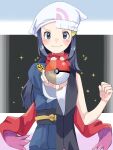  2girls beanie black_hair blush bracelet clenched_hand closed_mouth commentary_request hikari_(pokemon) female_protagonist_(pokemon_legends:_arceus) floating_scarf grey_eyes hair_ornament hairclip hat highres holding holding_poke_ball jewelry long_hair long_sleeves looking_at_viewer mitama_pk1027 multiple_girls poke_ball poke_ball_(basic) poke_ball_(legends) pokemon pokemon_(game) pokemon_dppt pokemon_legends:_arceus red_scarf scarf shiny shiny_hair sleeveless smile sparkle white_headwear 