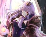  1girl bangs commentary dress fire_emblem fire_emblem:_three_houses fire_emblem_heroes fur_trim long_hair looking_at_viewer lysithea_von_ordelia official_alternate_costume pink_eyes purple_dress silver_hair solo upper_body 