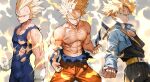  3boys abs absurdres aqua_eyes bare_shoulders belt belt_buckle blonde_hair blue_jacket buckle clenched_hands collarbone cowboy_shot cropped_jacket dragon_ball dragon_ball_z father_and_son gloves grin highres jacket looking_at_viewer majin_vegeta multiple_boys muscular pectorals serious sheath sheathed shirtless skin_tight smile son_goku spiky_hair super_saiyan super_saiyan_1 sword torn_clothes trunks_(future)_(dragon_ball) vegeta veins weapon white_gloves widow&#039;s_peak yoshio_(55level) 