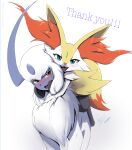  1girl :3 absol absurdres alternate_eye_color animal_ear_fluff animal_ears animal_nose artist_name bangs black_fur blue_eyes blush body_fur braixen commentary dated english_commentary english_text eryz eyebrows_visible_through_hair fangs fluffy fox_ears fox_girl fox_tail furry gen_3_pokemon gen_6_pokemon happy head_tilt headphones headphones_around_neck highres hug looking_at_another looking_at_viewer looking_to_the_side nose_blush open_mouth pokemon pokemon_(creature) riding short_hair signature simple_background smile standing straddling tail thank_you twitter_username watermark white_background white_fur white_hair yellow_fur 