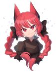  1girl :3 animal_ears bacon_(shippo_no_hito) bangs black_bow bow braid breasts cat_ears closed_mouth commentary_request covered_collarbone cropped_torso eyebrows_visible_through_hair hair_bow hair_ribbon head_tilt highres kaenbyou_rin long_hair looking_at_viewer red_eyes redhead ribbon see-through_dress simple_background small_breasts solo touhou tress_ribbon twin_braids twintails upper_body white_background 