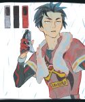  1boy black_hair collared_shirt commentary_request gloves grey_eyes gym_leader hand_up holding kabu_(pokemon) looking_to_the_side male_focus p-40_(tukinosita-de) parted_lips partially_fingerless_gloves pokemon pokemon_(game) pokemon_swsh rain red_shirt shirt short_sleeves solo towel towel_around_neck undershirt upper_body younger 