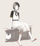  1girl barefoot closed_mouth dress ico pale_skin pointy_ears short_hair silver_hair sitting solo tetuhei white_dress yorda 