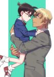  2boys amuro_tooru bangs black-framed_eyewear blazer blonde_hair blue_eyes blue_jacket bow bowtie brown_hair child closed_mouth collared_shirt commentary_request edogawa_conan eye_contact formal from_side glasses green_background grey_jacket grey_suit hair_between_eyes hands_on_another&#039;s_shoulders height_difference hug jacket k_(gear_labo) long_sleeves looking_at_another male_focus meitantei_conan multiple_boys profile red_bow red_footwear red_neckwear serious shirt shoes short_hair smile sneakers socks standing suit two-tone_background upper_body white_background white_legwear white_shirt 