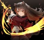  1girl animal_ears arknights bangs brown_eyes brown_hair cat_ears cat_girl cat_tail character_name earrings embers fire hair_between_eyes hand_up highres holding holding_staff jacket jewelry long_hair long_sleeves raw_egg_lent red_jacket skirt skyfire_(arknights) solo staff tail upper_body wide_sleeves 