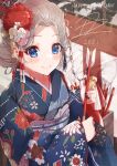  1girl 2021 absurdres arrow_(projectile) blue_eyes blue_kimono blush closed_mouth floral_print flower furisode grey_hair hair_flower hair_ornament hamaya happy_new_year haru_yu highres holding holding_arrow holding_hamaya japanese_clothes kanzashi kimono long_hair looking_at_viewer nail_polish new_year obi original print_kimono sash shirt shrine silver_hair solo upper_body white_shirt 