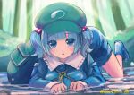  1girl :o absurdres all_fours backpack bag bangs blue_dress blue_eyes blue_footwear blue_hair blurry blurry_background blush breasts cabbie_hat commentary_request day dress eyebrows_visible_through_hair frilled_shirt_collar frills green_bag green_headwear hair_bobbles hair_ornament hat highres kawashiro_nitori key looking_at_viewer medium_breasts outdoors short_hair solo touhou tree two_side_up wet 