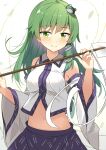  1girl bangs bare_shoulders blue_skirt blush breasts closed_mouth commentary detached_sleeves e.o. eyebrows_visible_through_hair frog_hair_ornament gohei green_eyes green_hair hair_ornament hair_tubes highres holding holding_stick kochiya_sanae long_hair looking_at_viewer medium_breasts midriff navel sarashi shirt sidelocks simple_background skirt smile snake_hair_ornament solo stick touhou unconnected_marketeers upper_body white_background white_shirt wide_sleeves 