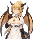  1girl absurdres bangs blonde_hair breasts collarbone commentary dragon_(monster_girl_encyclopedia) dragon_girl dragon_tail dragon_wings dress english_commentary eyebrows_visible_through_hair frills hair_between_eyes head_fins headdress highres horns jewelry large_breasts long_hair looking_at_viewer monster_girl_encyclopedia orange_eyes paws pendant ponytail puffy_short_sleeves puffy_sleeves scales short_sleeves simple_background smile solo sookmo tail white_background wings 