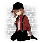  1girl alternate_costume bangs black_headwear black_legwear black_pants blue_eyes brick_wall brown_hair closed_mouth commentary eyebrows_visible_through_hair full_body grey_neckwear haibara_ai hair_between_eyes hat highres looking_at_viewer meitantei_conan necktie niina_1oo9 no_shoes pants red_shirt shirt shirt_tucked_in short_hair signature sitting sleeves_rolled_up smile socks solo suspenders suspenders_pull wariza white_background 