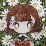  1girl bangs blush book bright_pupils brown_hair daisy dated expressionless flower hair_flower hair_ornament hairclip highres holding holding_book no_nose original outline plant short_hair signature solo traditional_media upper_body white_flower white_outline white_pupils yellow_eyes zukky000 