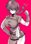  1girl blue_eyes braid braided_ponytail breasts clenched_hand cowboy_shot cropped_legs determined eyebrows eyes_visible_through_hair genderswap genderswap_(mtf) greyscale hand_on_hip highres large_breasts monochrome pink_background ranma-chan ranma_1/2 saotome_ranma short_shorts shorts smile solo takatsuki_ichi thighs 