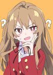  1girl ? aisaka_taiga black_neckwear black_ribbon blush brown_hair commentary_request eyebrows_visible_through_hair ixy long_hair long_sleeves looking_at_viewer open_mouth orange_background red_eyes ribbon school_uniform solo toradora! 