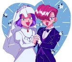  1boy 1girl crossdressinging dress highres james_(pokemon) jessie_(pokemon) lr_cu3 pokemon pokemon_(anime) smile team_rocket wedding_dress 