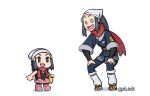  2girls :d artist_name bag beanie black_hair boots chibi commentary hikari_(pokemon) female_protagonist_(pokemon_legends:_arceus) grey_eyes hair_ornament hands_on_own_knees hat head_scarf height_difference how_to_talk_to_short_people long_hair meme multiple_girls open_mouth pokemon pokemon_(game) pokemon_bdsp pokemon_legends:_arceus ponytail red_scarf rob_ishi scarf smile white_background 