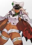  1girl bandages bangs brown_eyes buttons cape clover dark_skin dark-skinned_female four-leaf_clover guilty_gear guilty_gear_strive hair_between_eyes hat highres looking_to_the_side midriff navel platinum_blonde_hair ramlethal_valentine short_shorts shorts solo stomach thick_thighs thigh_strap thighs uncle_rabbit_ii white_cape 