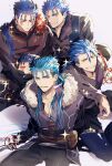  1other 4boys absurdres alternate_costume bag blue_hair chibi closed_eyes closed_mouth collarbone cu_chulainn_(fate)_(all) cu_chulainn_(fate/grand_order) cu_chulainn_(fate/prototype) cu_chulainn_alter_(fate/grand_order) earrings facepaint fate/grand_order fate/prototype fate_(series) fur-trimmed_shirt fur_trim grin highres holding holding_sword holding_weapon jewelry lancer long_hair long_sleeves looking_at_viewer mini_cu-chan_(fate) multiple_boys multiple_piercings one_eye_closed open_mouth pants ponytail popped_collar rapier red_eyes satchel shirt short_hair smile sparkle spiky_hair strap sword the_musketeers_(fate/grand_order) weapon yuu_(guruko) 