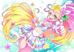  1girl :d blonde_hair blush cure_summer dutch_angle earrings elbow_gloves fingerless_gloves flower gloves green_eyes hair_flower hair_ornament jewelry kyoutsuugengo long_hair looking_at_viewer magical_girl midriff multicolored_hair natsuumi_manatsu open_mouth pink_hair precure round_teeth side_ponytail skirt smile solo teeth tropical-rouge!_precure very_long_hair white_footwear white_gloves white_skirt 