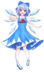  1girl :d absurdres bare_arms blue_dress blue_eyes blue_hair blush breasts cirno dress highres ice ice_wings kimae kneehighs looking_at_viewer medium_hair open_mouth puffy_sleeves round_teeth shoes short_sleeves skirt small_breasts smile standing teeth touhou wings 