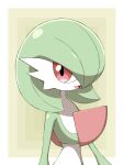  absurdres colored_skin commentary_request gardevoir gen_3_pokemon highres looking_at_viewer multicolored multicolored_background open_mouth pokemon pokemon_(creature) red_eyes shabana_may smile solo spikes tongue upper_body white_skin 