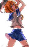  1girl arms_up billhook blue_eyes blue_sailor_collar chaahan_(0421_han2) from_side hair_between_eyes highres higurashi_no_naku_koro_ni looking_at_viewer midriff orange_hair ryuuguu_rena sailor_collar school_uniform serafuku solo 