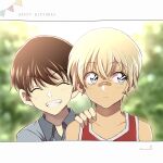  2boys ^_^ amuro_tooru bandaid bandaid_on_nose bangs blonde_hair blue_shirt blurry blurry_background brown_hair child closed_eyes closed_mouth commentary english_text eyebrows_visible_through_hair grin hair_between_eyes hand_on_another&#039;s_shoulder happy happy_birthday highres looking_to_the_side male_focus meitantei_conan multiple_boys niina_1oo9 pennant red_shirt scotch_(meitantei_conan) shirt short_hair sideways_glance signature sleeveless sleeveless_shirt smile string_of_flags teeth younger 