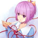  1girl alternate_hairstyle artist_name bangs blue_shirt bow cheese_trail collarbone eating food hair_bow highres holding holding_food holding_pizza komeiji_satori medium_hair neho-kun pizza ponytail purple_hair shirt simple_background solo third_eye touhou upper_body violet_eyes wide_sleeves 