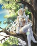  1girl absurdres boots breasts center_opening circlet closed_mouth crossed_legs dark_elf dark_skin dark-skinned_female day elf highres in_tree kotosuzu long_hair long_pointy_ears looking_away medium_breasts outdoors pirotess pointy_ears record_of_lodoss_war revealing_clothes sitting sitting_in_tree solo sunlight thigh-highs thigh_boots tree very_long_hair white_hair yellow_eyes 