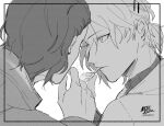  2boys bangs cigarette closed_mouth ear_piercing jacket looking_at_another male_focus monochrome multiple_boys original piercing ritsuno_ananda shirt short_hair simple_background white_background 